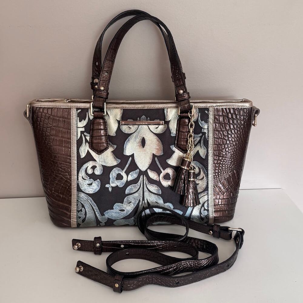 Brahmin Damask Pattern Bronze Grazioso Small Tote Bag Crossbody Strap Rare